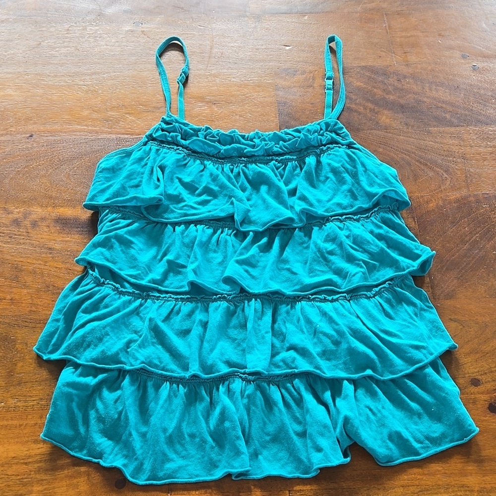 Express Dreamweight Cotton Tiered Ruffled Tank Top Bright Teal Size Medium